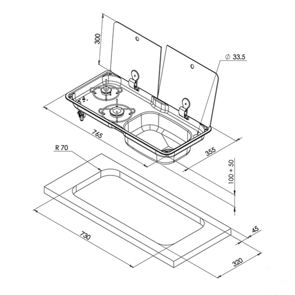 CAN 2 Burner Hob/RH Sink Combo with Glass Lid Stainless Steel