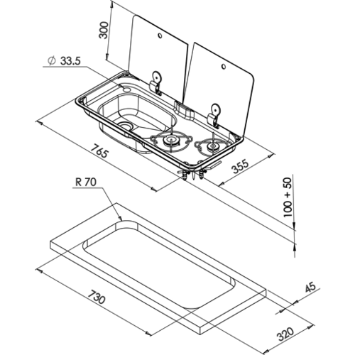 CAN 2 Burner Hob/LH Sink and Tap Combo with Glass Lid Stainless Steel