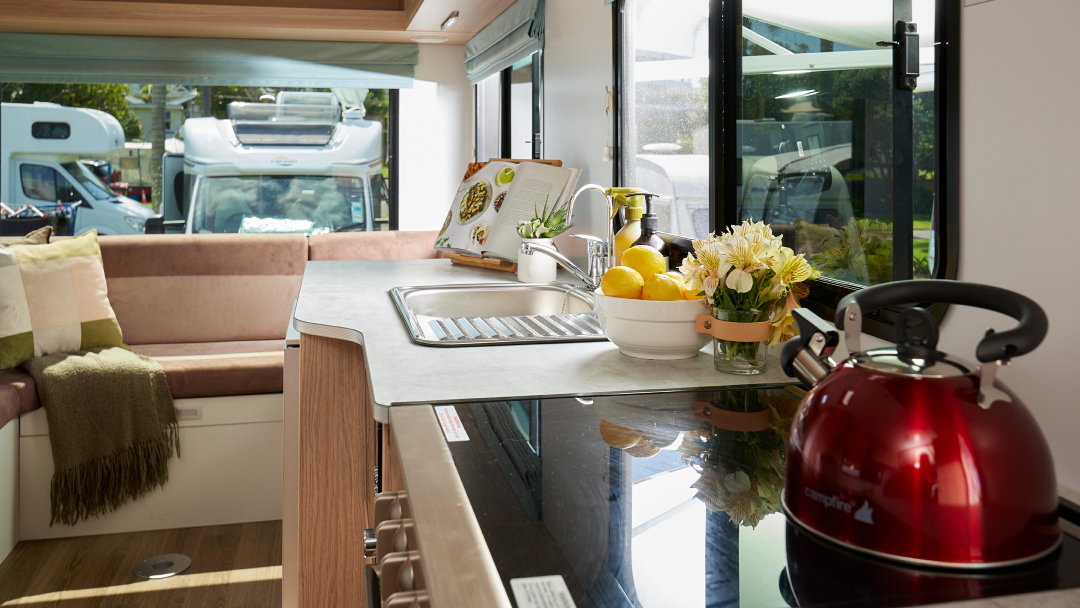 KEA Platinum kitchen and back of motorhome