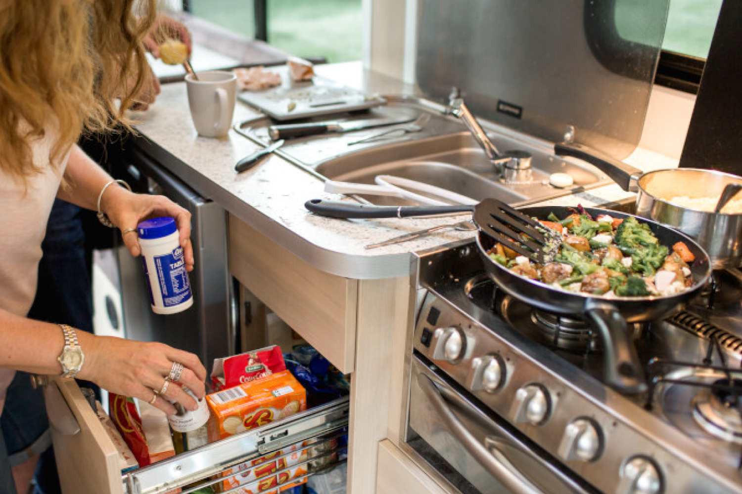 Cooking in motorhome kitchen and getting salt out for drawer