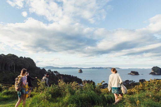  group of people on top of hill looking over the Coromandel - New Zealand. 