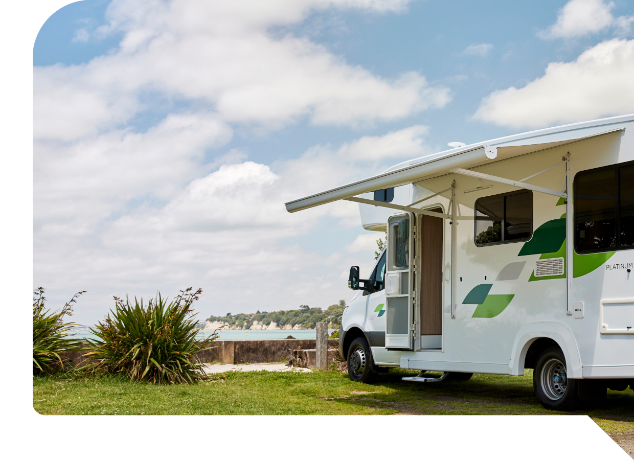 motorhome looking over ocean view parked up at campsite